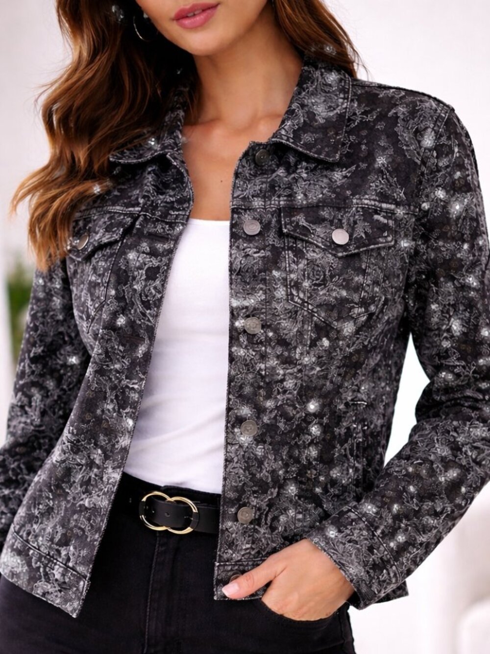 REDD Black Print Women's Jacket, sz 8, cotton, sequins, classic denim jacket EUC